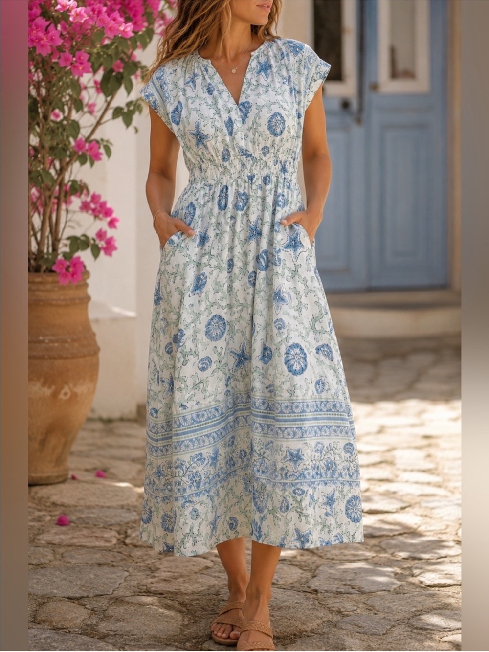 Laura Ashley coastal linen midi maxi seashell dress size XS